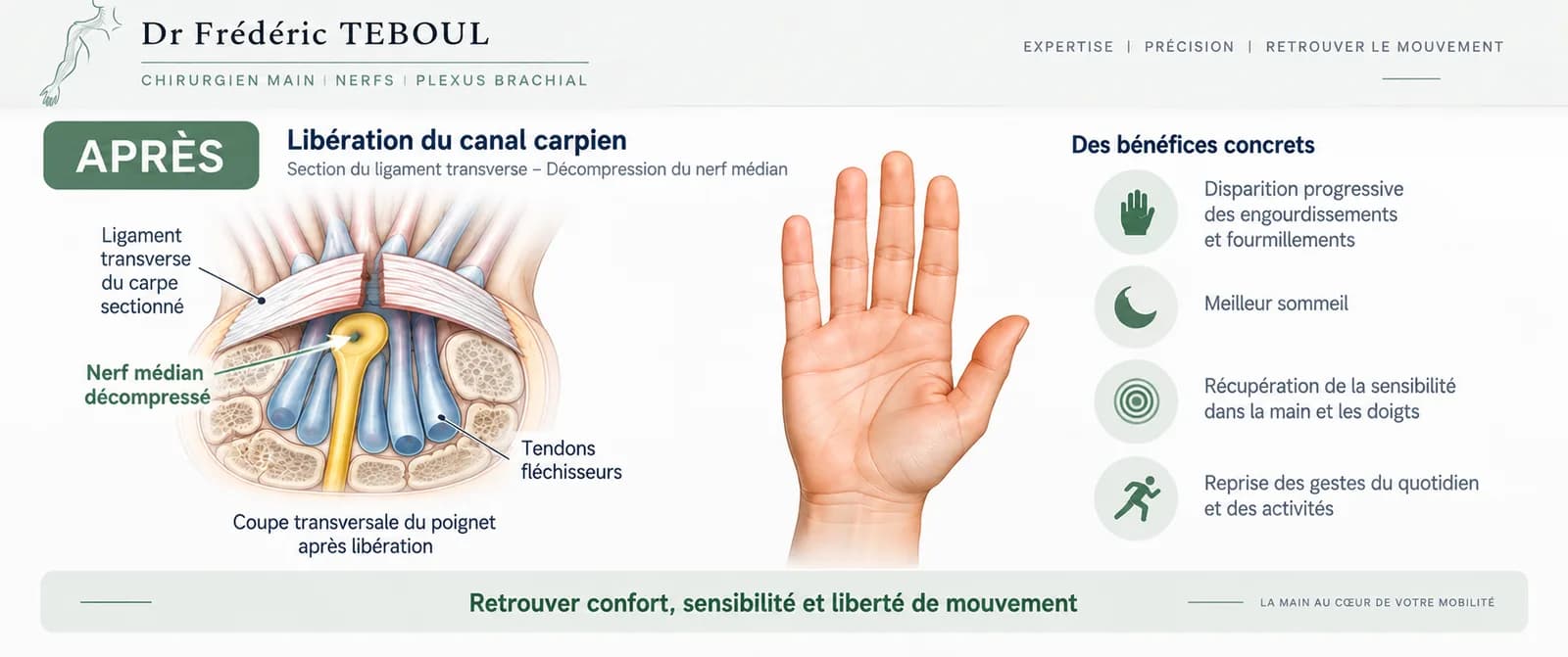 Canal carpien après l'intervention : nerf médian libéré